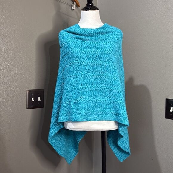 Chico's Turquoise Blue Tape Yarn Chunky Woven Convertible Poncho - Picture 7 of 15